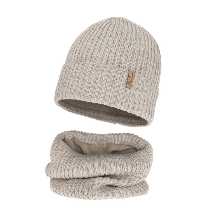 Girl's winter set: hat and tube scarf lined with cotton, beige, with merino wool, Odette