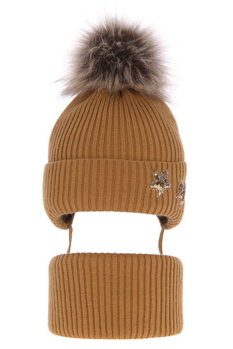 Girl's winter set: hat and tube scarf brown Delicja with pompom