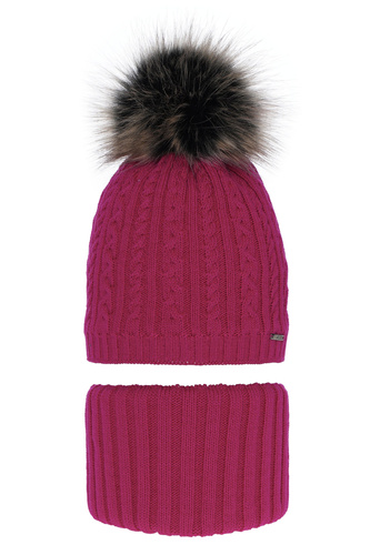 Girl's winter set: hat and tube scarf pink Rima with pompom