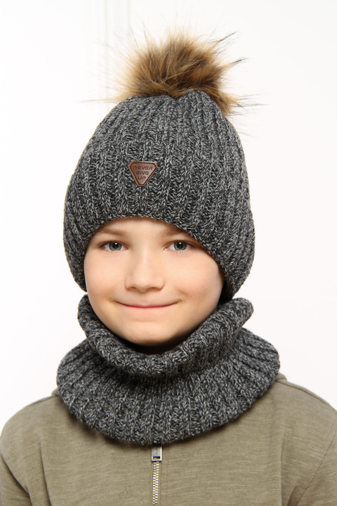Boy's winter set: hat and tube scarf black Garet with pompom  