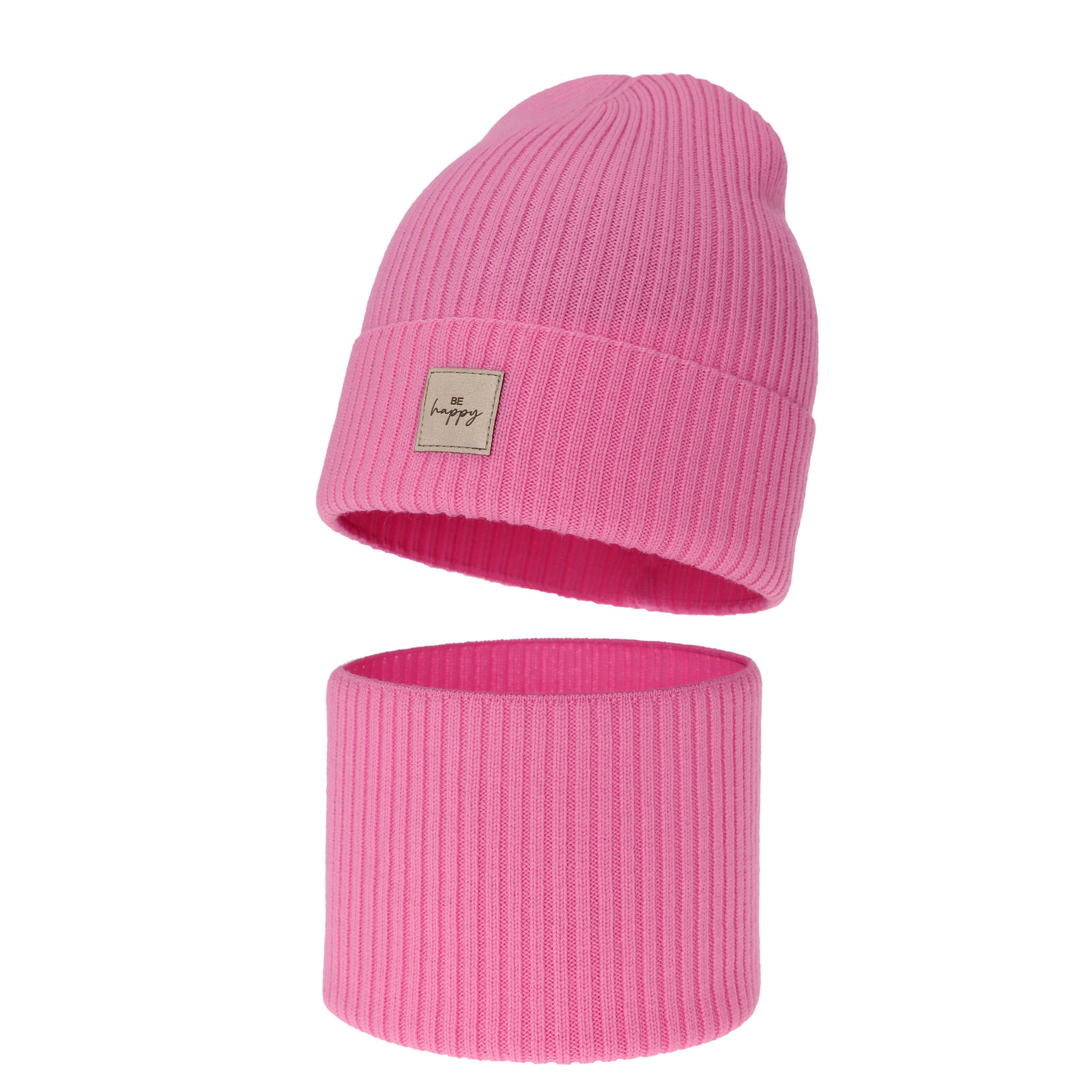 Girl spring, autumn set: hat and tube scarf, pink, 100% merino wool, Vanita