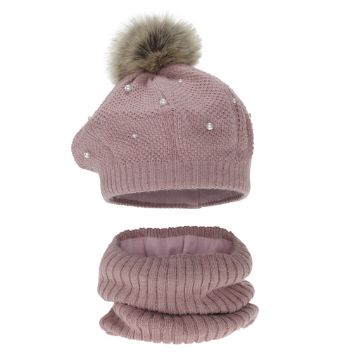 Girl's winter set: beret and tube scarf, pink, cotton lining, with pompom, Jeanette