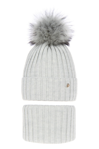 Girl's winter set: hat and tube scarf grey Wilma with pompom