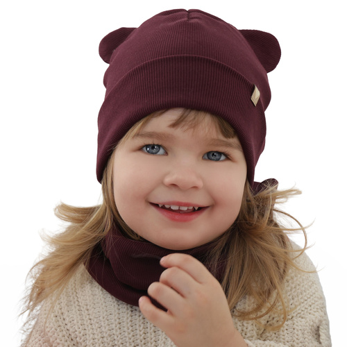 Girl's spring, autumn set: hat and tube scarf, burgundy, cotton, Luminia