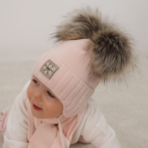 Girls winter set: hat and scarf beige with two pompoms Jazz