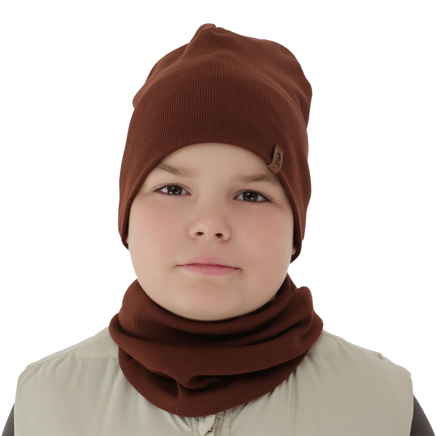 Boy's spring, autumn set: hat and tube scarf, beige, Amalfi