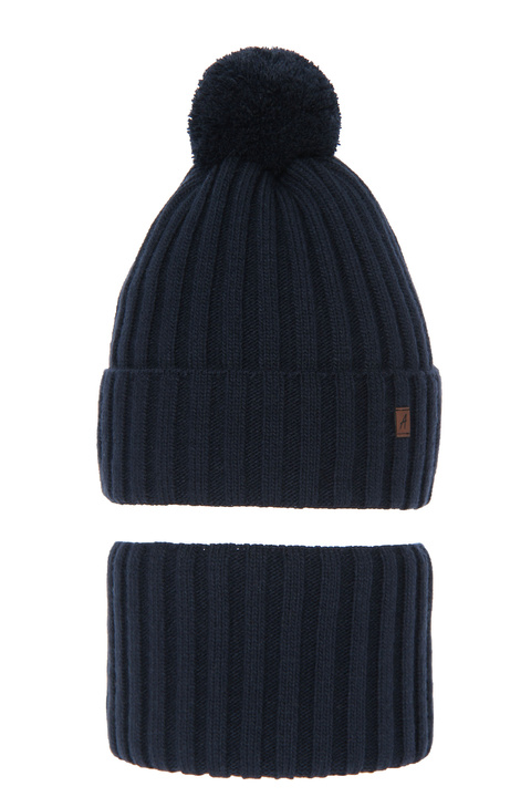 Boy's winter set: hat and tube scarf navy blue Wiliam with pompom