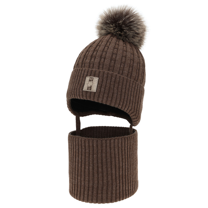 Boy's winter set: hat and tube scarf, brown, with pompom, Fiamanto